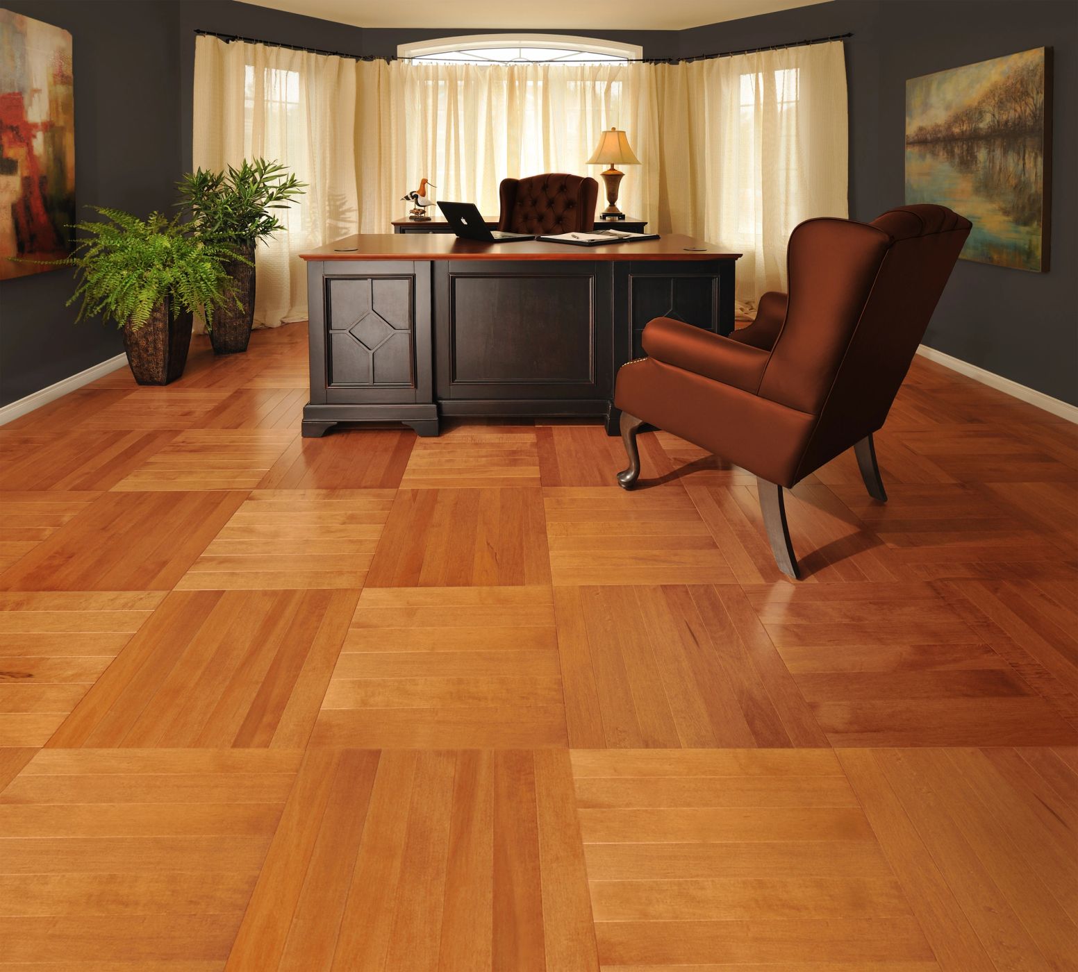 Restored hardwood floor in a home office