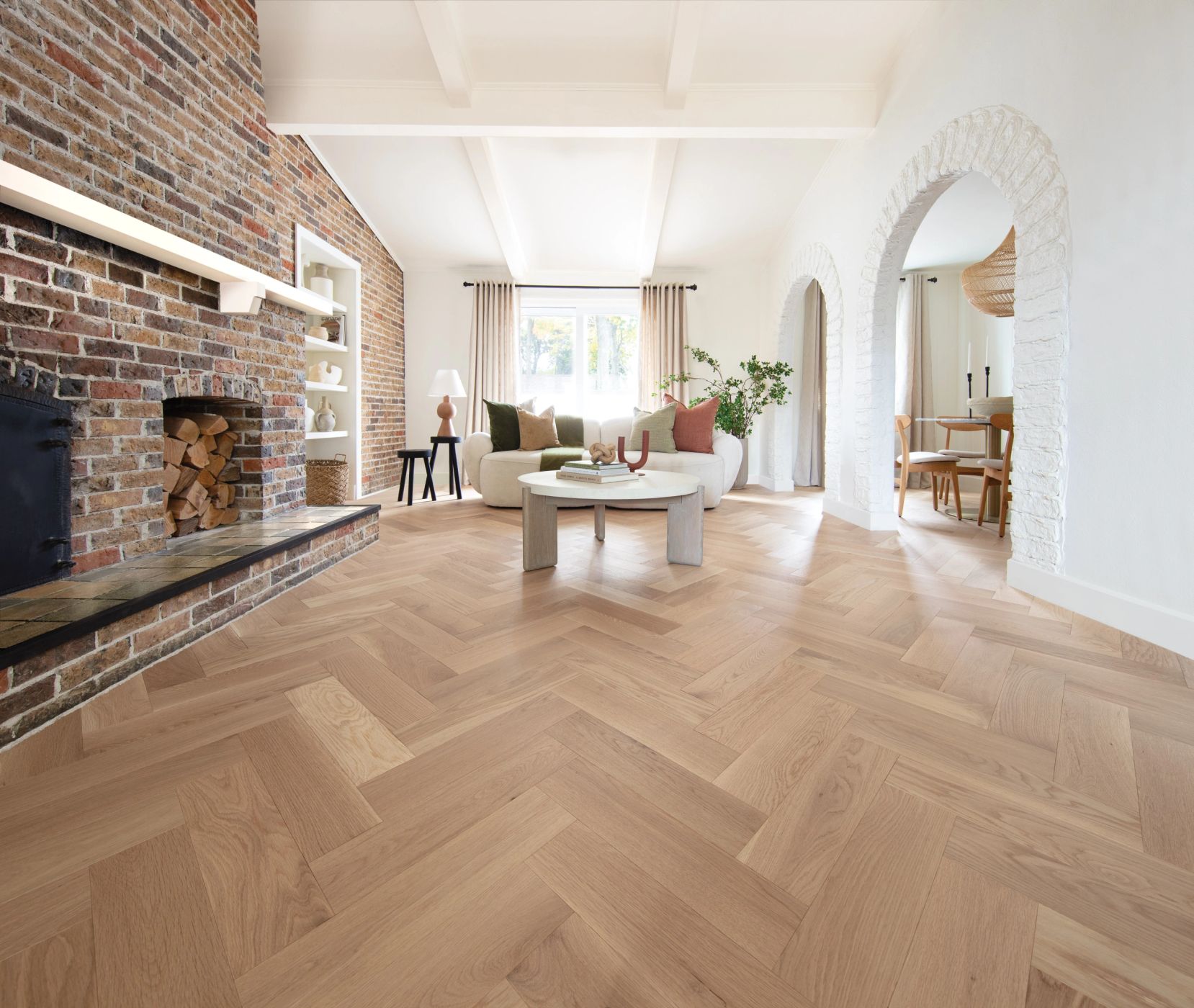 Freshly refinished herringbone hardwood floor